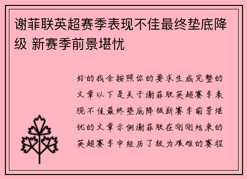 谢菲联英超赛季表现不佳最终垫底降级 新赛季前景堪忧